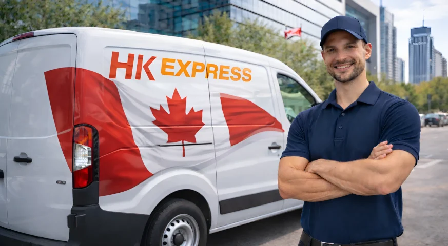 HK Express Logistics Canada delivery van with Canadian flag branding and professional driver in urban business district