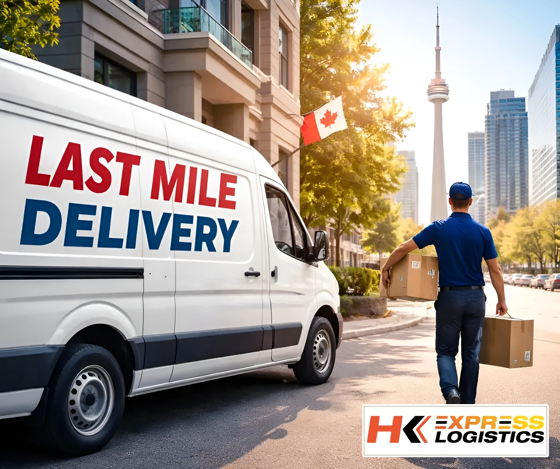 Last mile delivery service by HK Express Logistics in Canada with delivery van and driver transporting packages