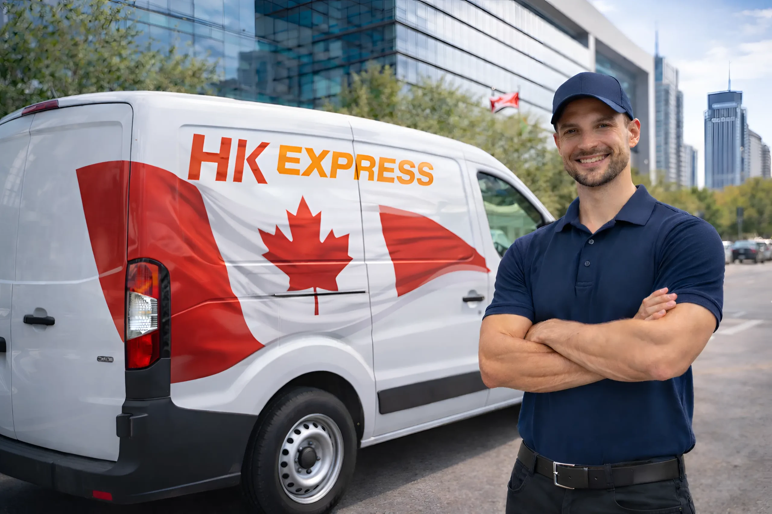 HK Express Logistics Canada delivery van with Canadian flag branding and professional driver in urban business district