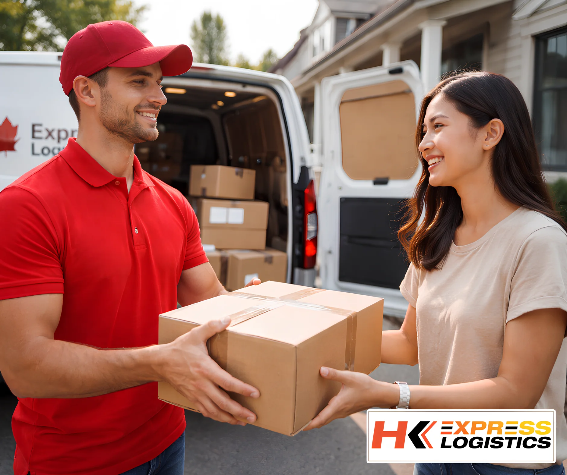 HK Express Logistics delivery driver handing package to customer at doorstep in Canada